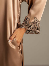 [Brun] SilkSilky-DK 3/4 Sleeve V Neck Natkjole & Morgenkåbe Sæt 005