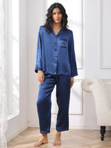 [Mørkeblå] SilkSilky-DK Long Sleeve Lapel Collar Dame Pyjamas 003