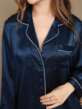[Mørkeblå] SilkSilky-DK Long Sleeve Lapel Collar Dame Pyjamas 003