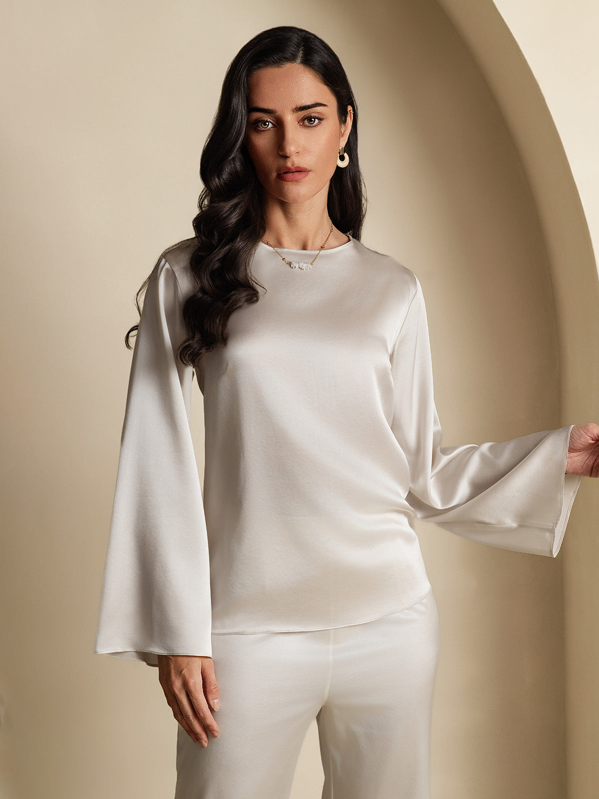 [Lysegrå] SilkSilky-DK 19Momme Silke Womens T-Shirt 001,