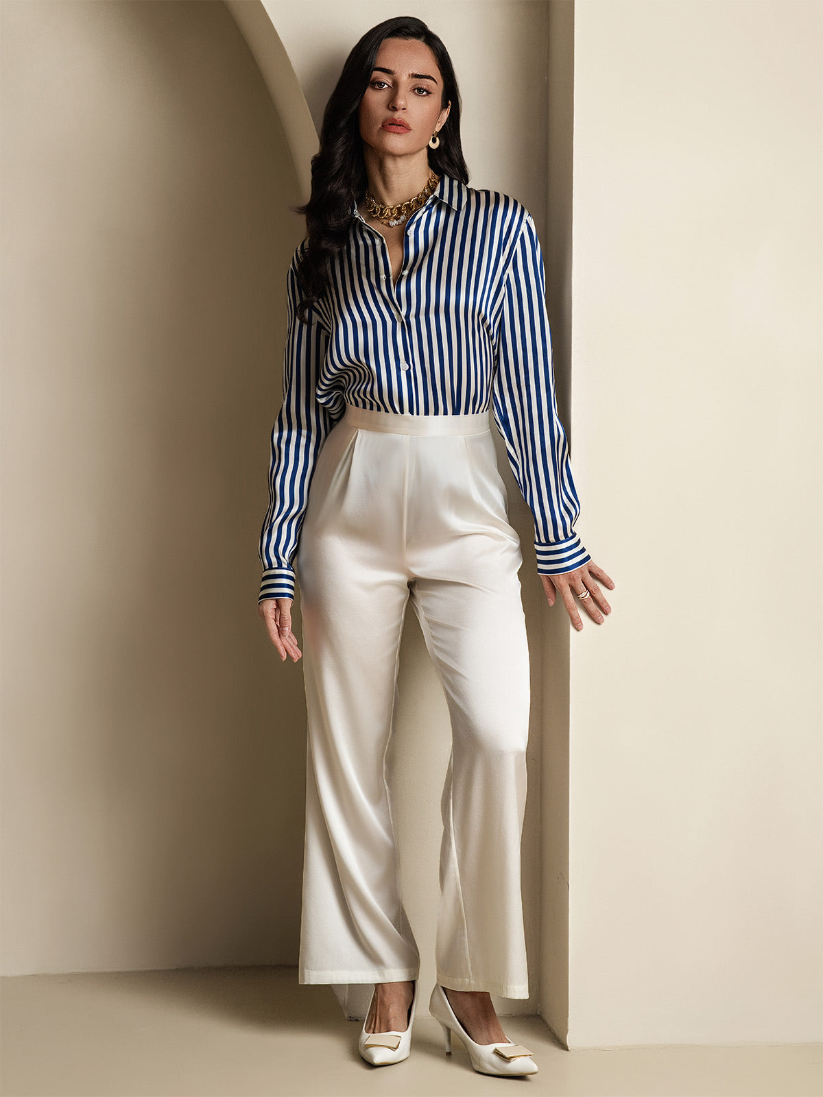 [Blå] SilkSilky-DK Silke Long Sleeve Collar Dameskjorte 007