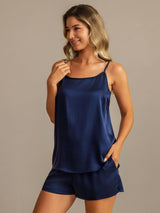 [Mørkeblå] SilkSilky-DK 19Momme Silke Spaghetti Rem Camisole Set 007