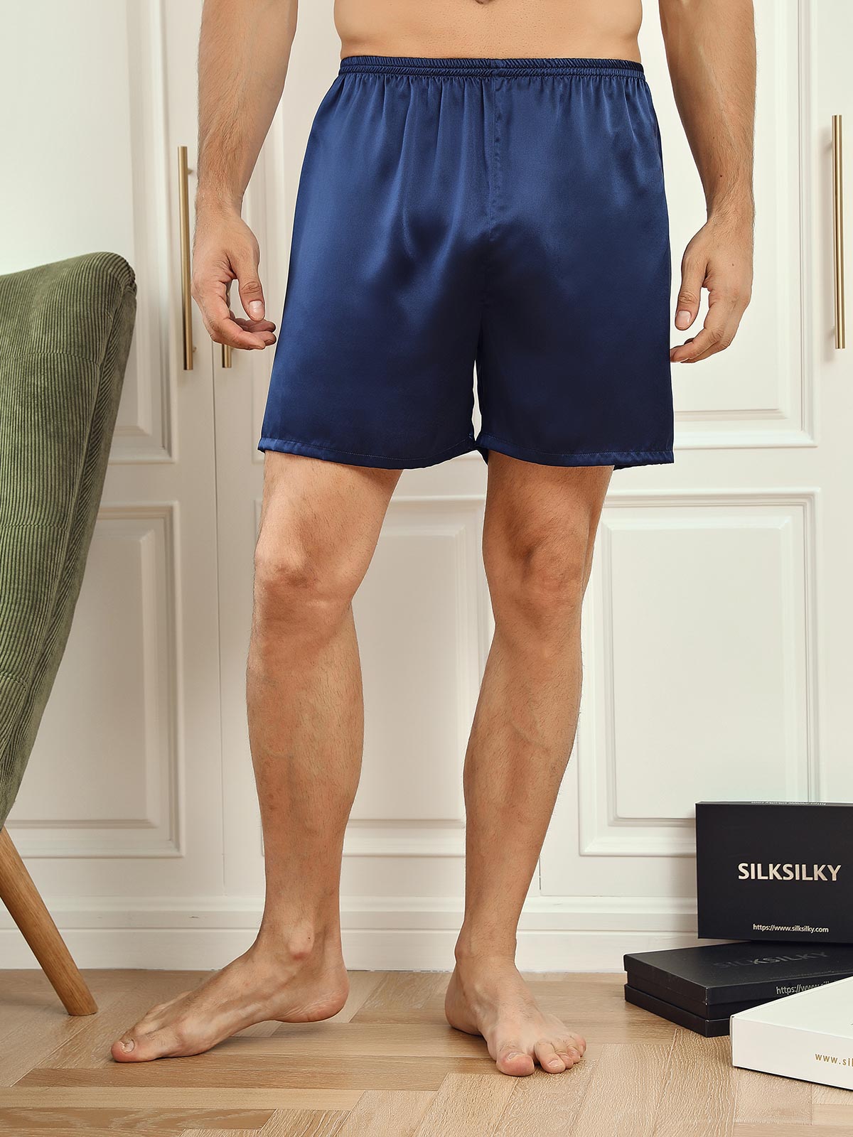 [Mørkeblå] SilkSilky-DK 19Momme Mens Sleep Bottoms 003