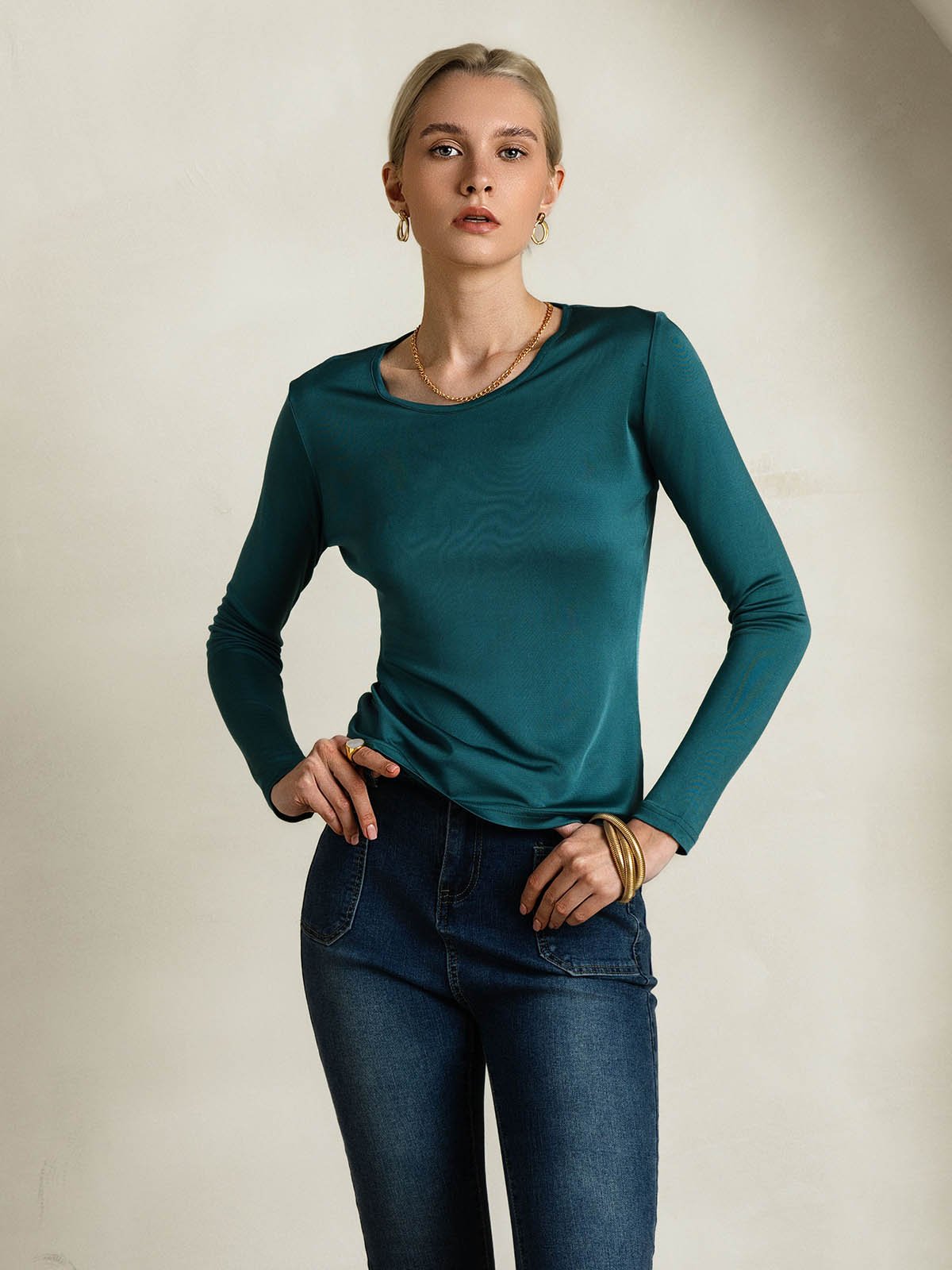[Mørkegrøn] SilkSilky-DK Silke Long Sleeve Round Neck T-shirt til kvinder 003
