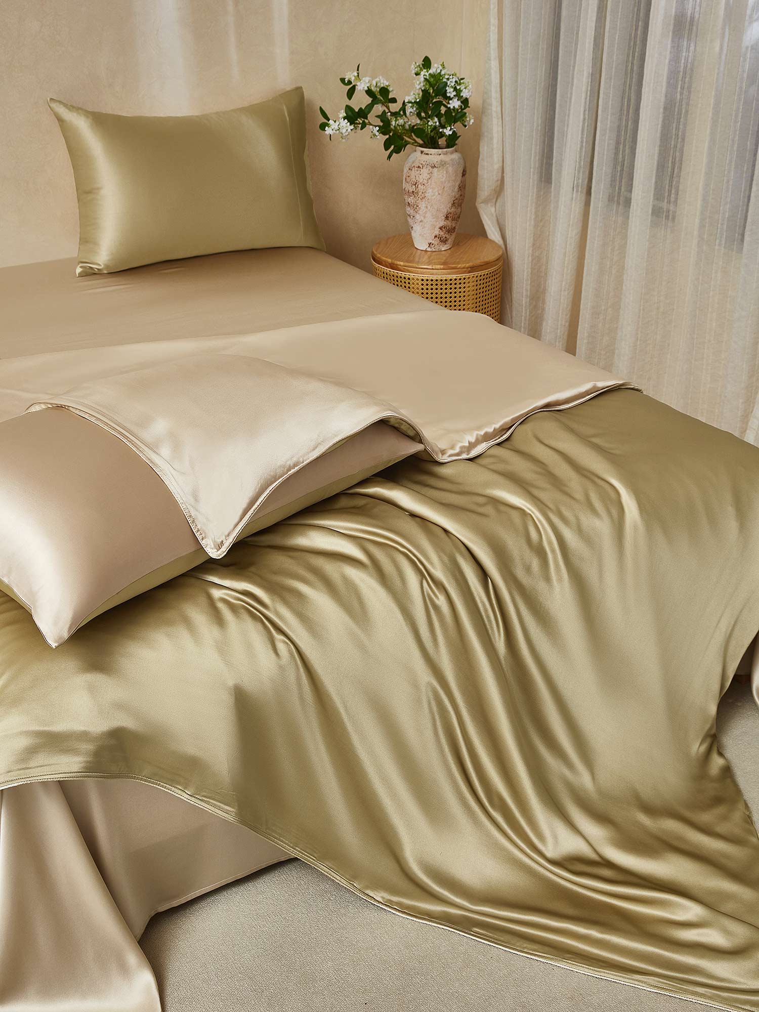 [Beige+Kaki] SilkSilky-DK 19Momme Bedding Set 001,