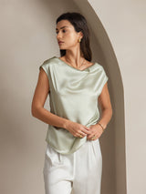 [Lysegrøn] SilkSilky-DK Cap Sleeve Cowl Neck T-shirt til kvinder 001