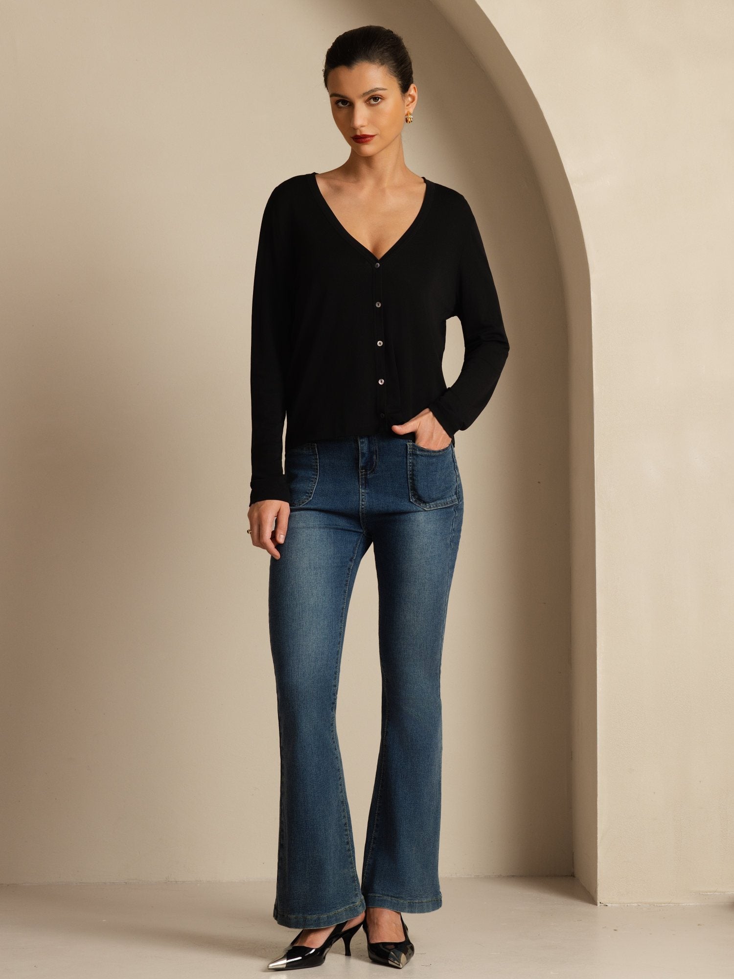 [Sort] SilkSilky-DK 19Momme Silke Langærmet V Hals Dame Cardigan 006