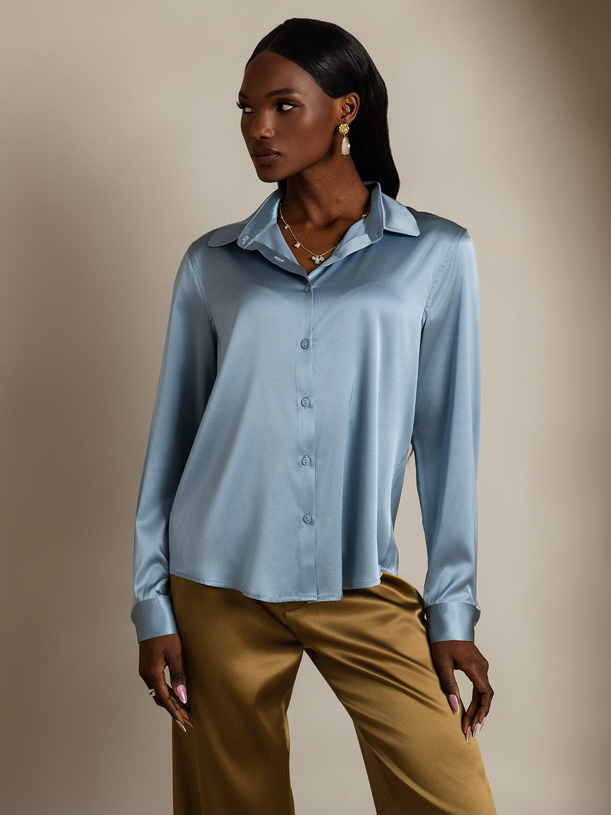 [Gråblå] SilkSilky-DK Silke Lapel Collar Dameskjorte 001
