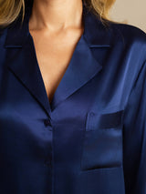 [Mørkeblå] SilkSilky-DK Long Sleeve Lapel Collar Soveskjorte 006