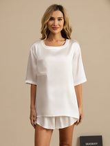 [Hvid] SilkSilky-DK Short Sleeve Round Neck Dame Pyjamas 001