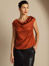 [Karamel] SilkSilky-DK Cap Sleeve Cowl Neck T-shirt til kvinder 005