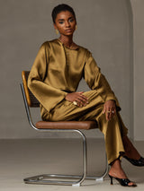 [Brun] SilkSilky-DK Long Sleeve Boat Neck Bluse 007