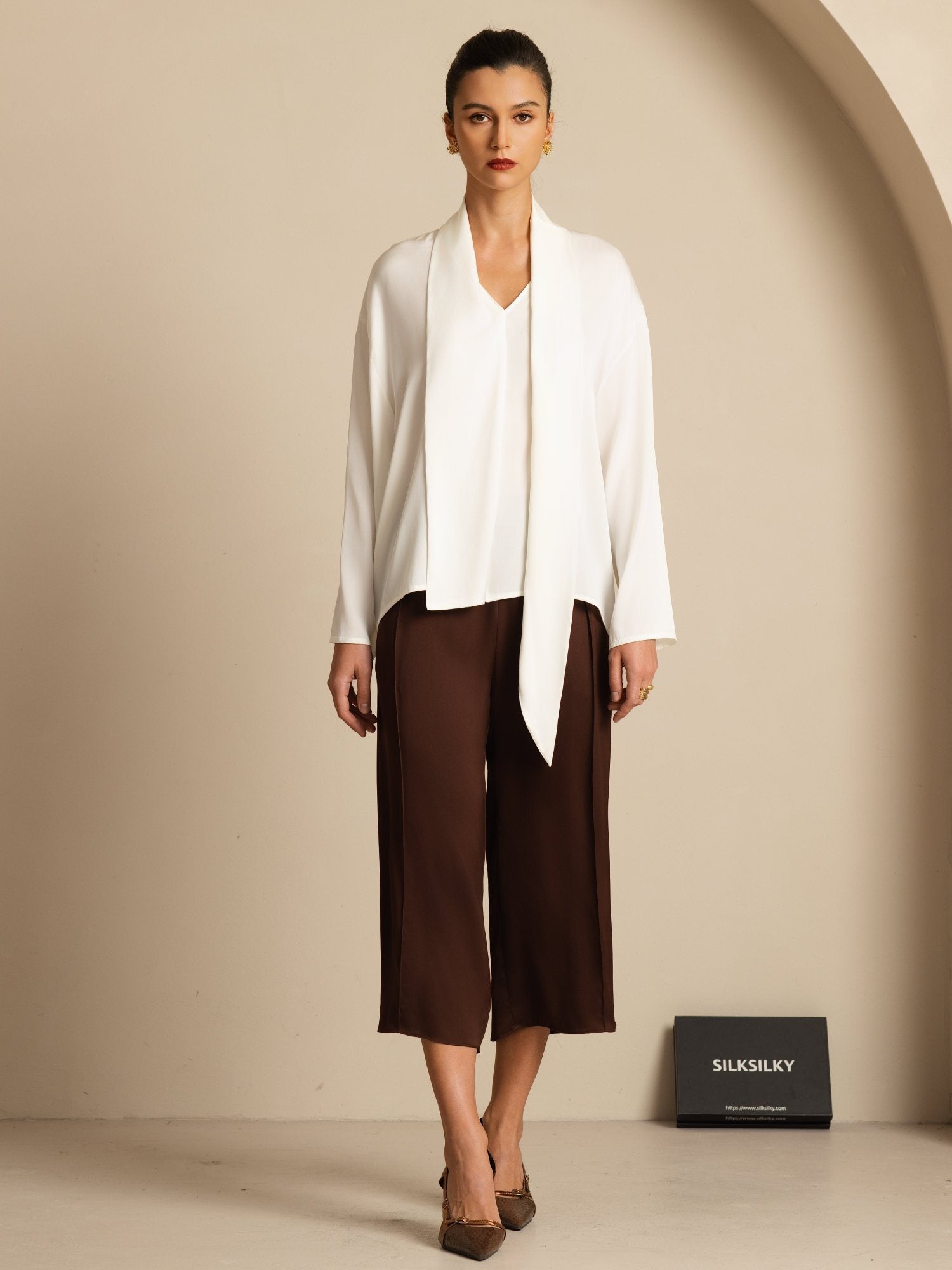 [Hvid] SilkSilky-DK 19Momme Silke Langærmet V Hals Bluse 006