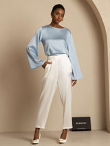 [Gråblå] SilkSilky-DK Long Sleeve Boat Neck Bluse 007