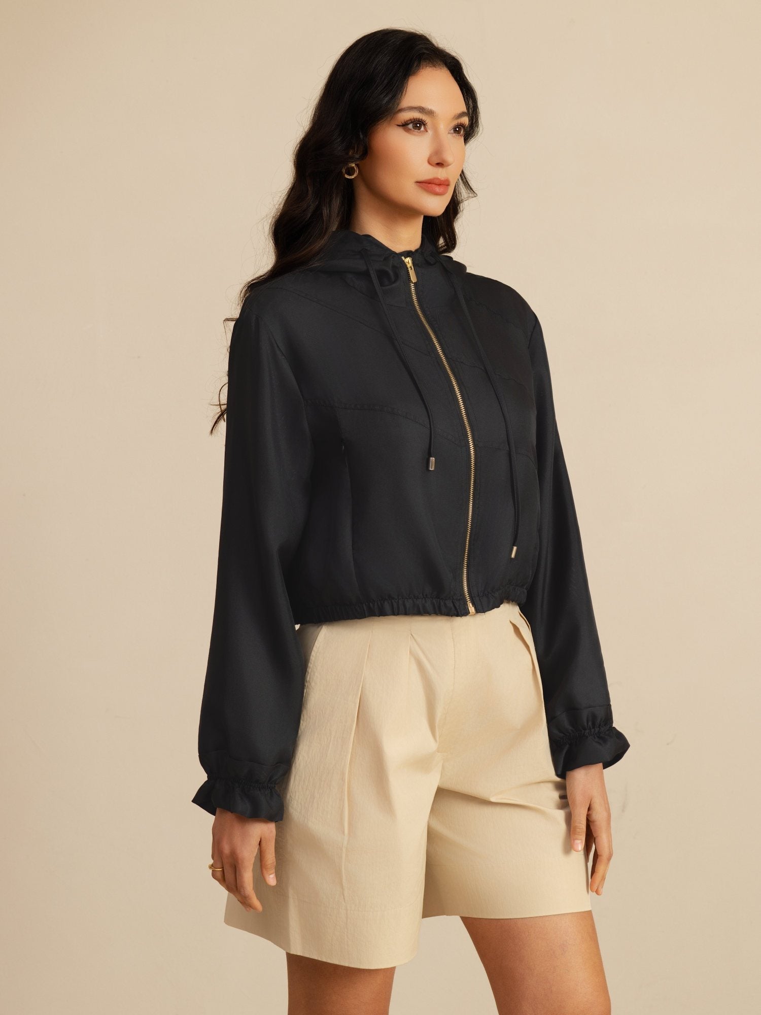 [Sort] SilkSilky-DK 18Momme Langærmet Høj Hals Overtøj til Kvinder 006