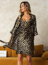 [Leopard] SilkSilky-DK 3/4 Sleeve V Neck Natkjole & Morgenkåbe Sæt 006
