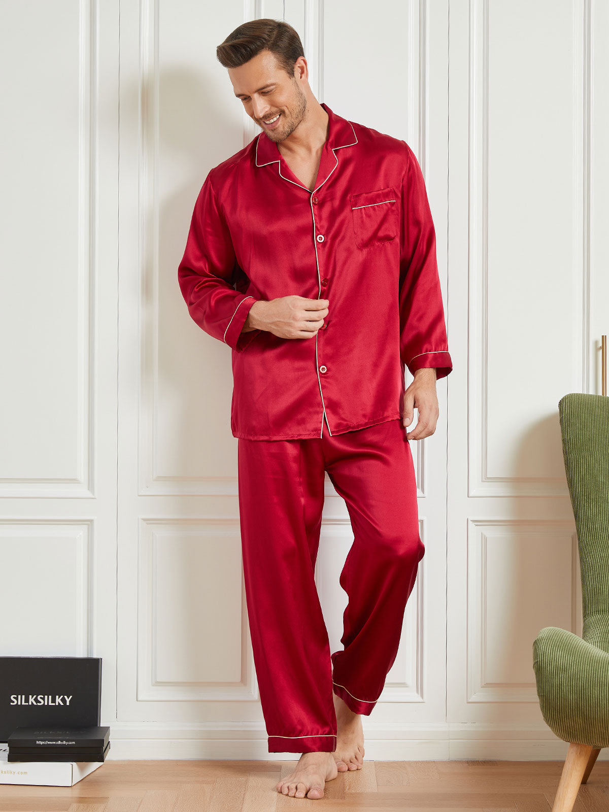 [Rød] SilkSilky-DK 19Momme Mens Pajamas 003