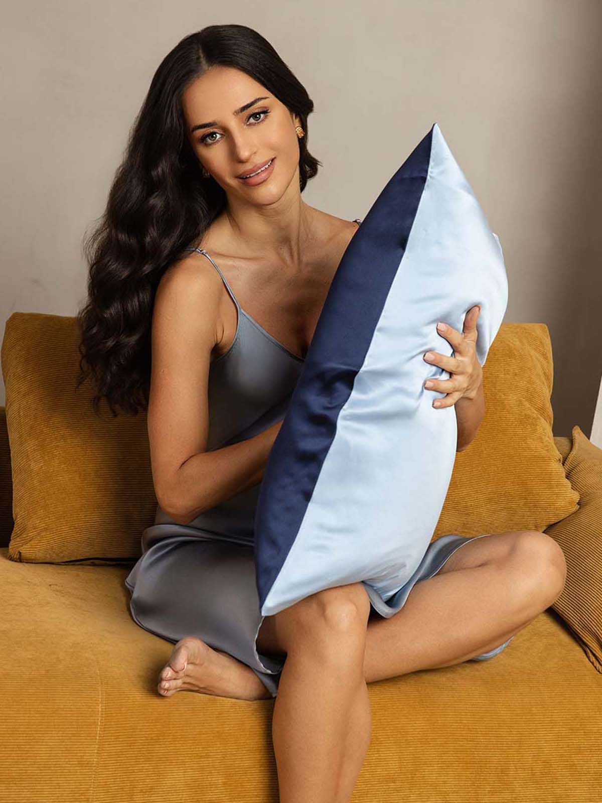 [Mørkeblå+Lyseblå] SilkSilky-DK 22Momme Pillowcase 001