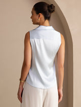 [Lyseblå] SilkSilky-DK Sleeveless Lapel Collar Dameskjorte 002