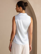 [Lyseblå] SilkSilky-DK Sleeveless Lapel Collar Dameskjorte 002