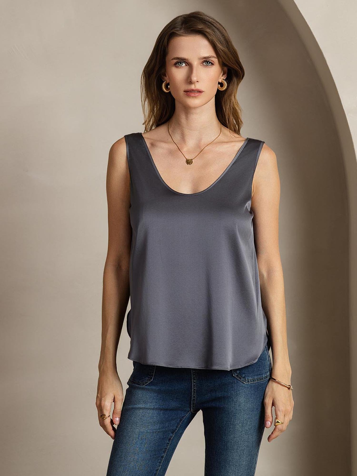 [Mørkegrå] SilkSilky-DK 19Momme Silke Split T-shirt til kvinder 002