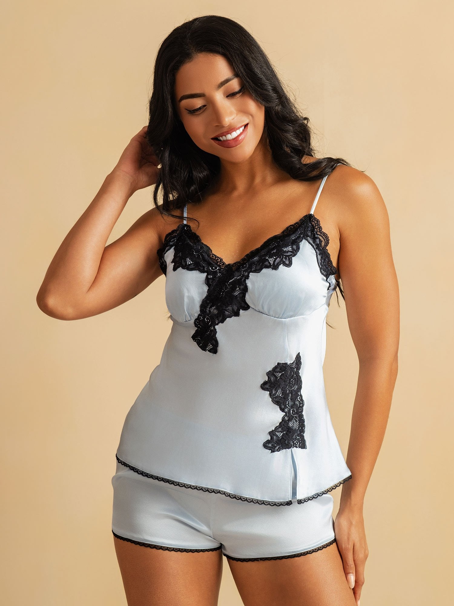 [Himmelblå] SilkSilky-DK Silke Camisole Set 006