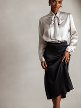 [Lysegrå] SilkSilky-DK Long Sleeve Tie Neck Damebluser 001