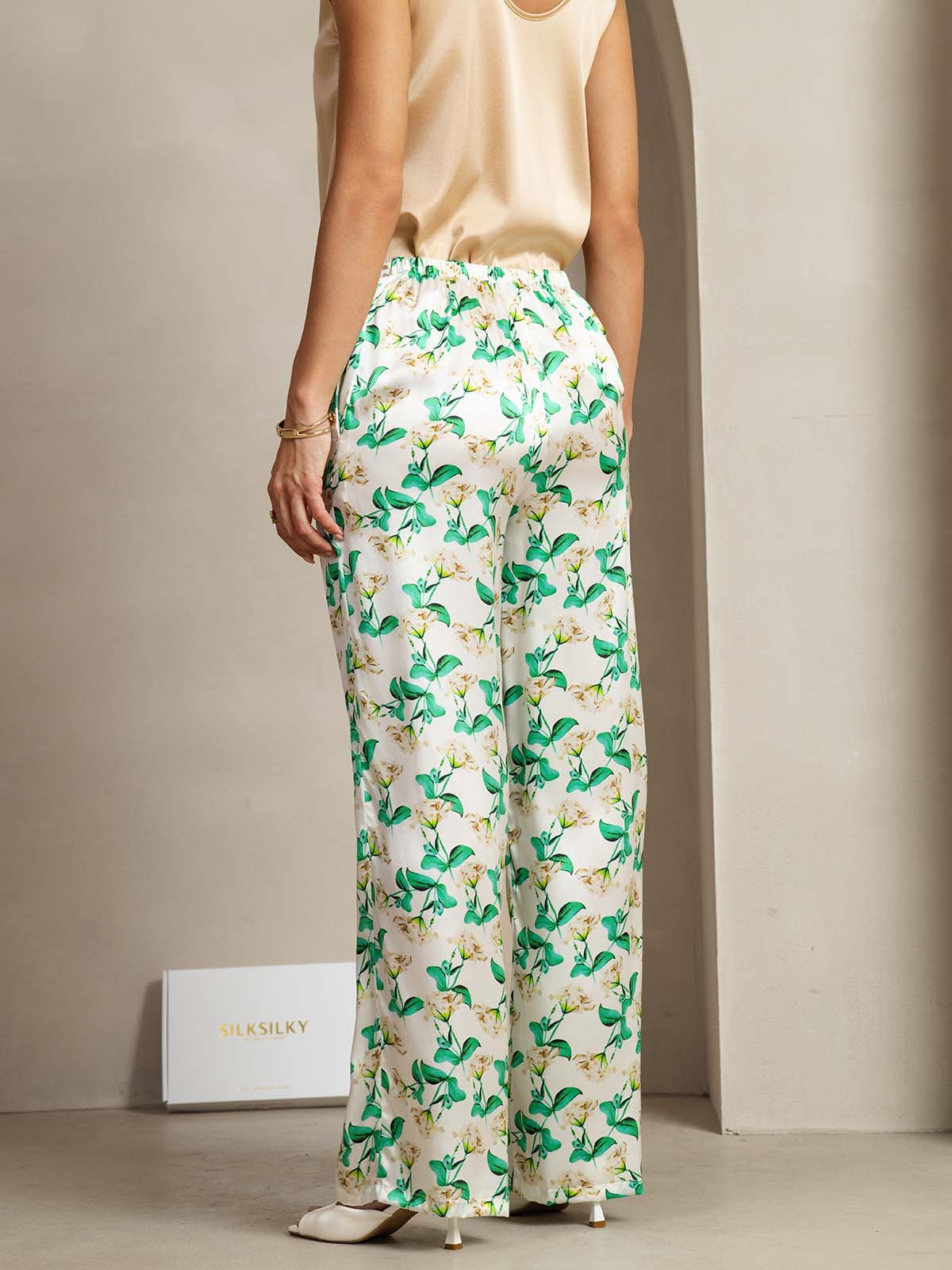 [Grøn Blomster] SilkSilky-DK 19Momme Silke Womens Pants 002