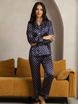 [Marine Kæde] SilkSilky-DK Long Sleeve Lapel Collar Dame Pyjamas 005