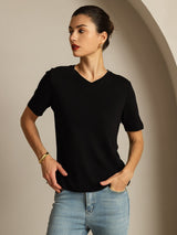 [Sort] SilkSilky-DK Kort ærme V Hals T-shirt til kvinder 006