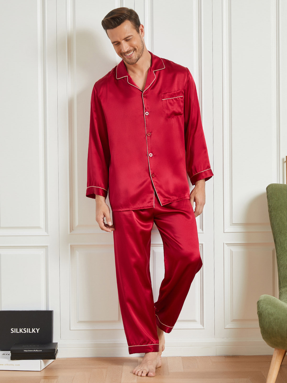 [Rød] SilkSilky-DK 19Momme Mens Pajamas 001
