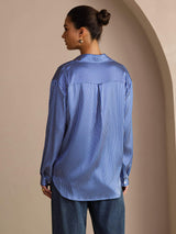 [Blå Nålestribet] SilkSilky-DK Long Sleeve Lapel Collar Dameskjorte 002