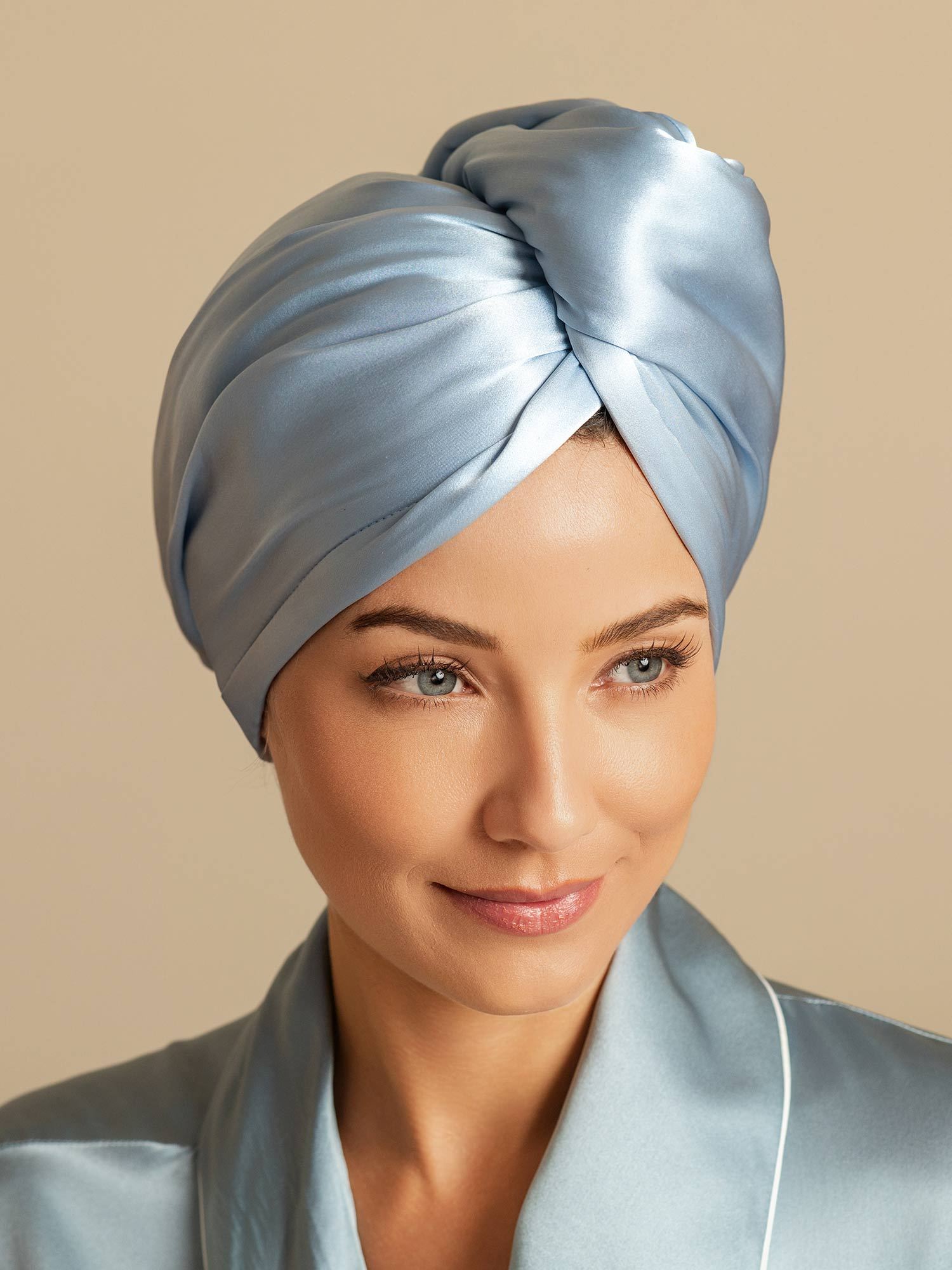 [Himmelblå] SilkSilky-DK Silke Hair Towel Wrap 003,