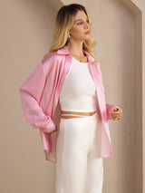 [Rosa Nålestribet] SilkSilky-DK Long Sleeve Lapel Collar Dameskjorte 005