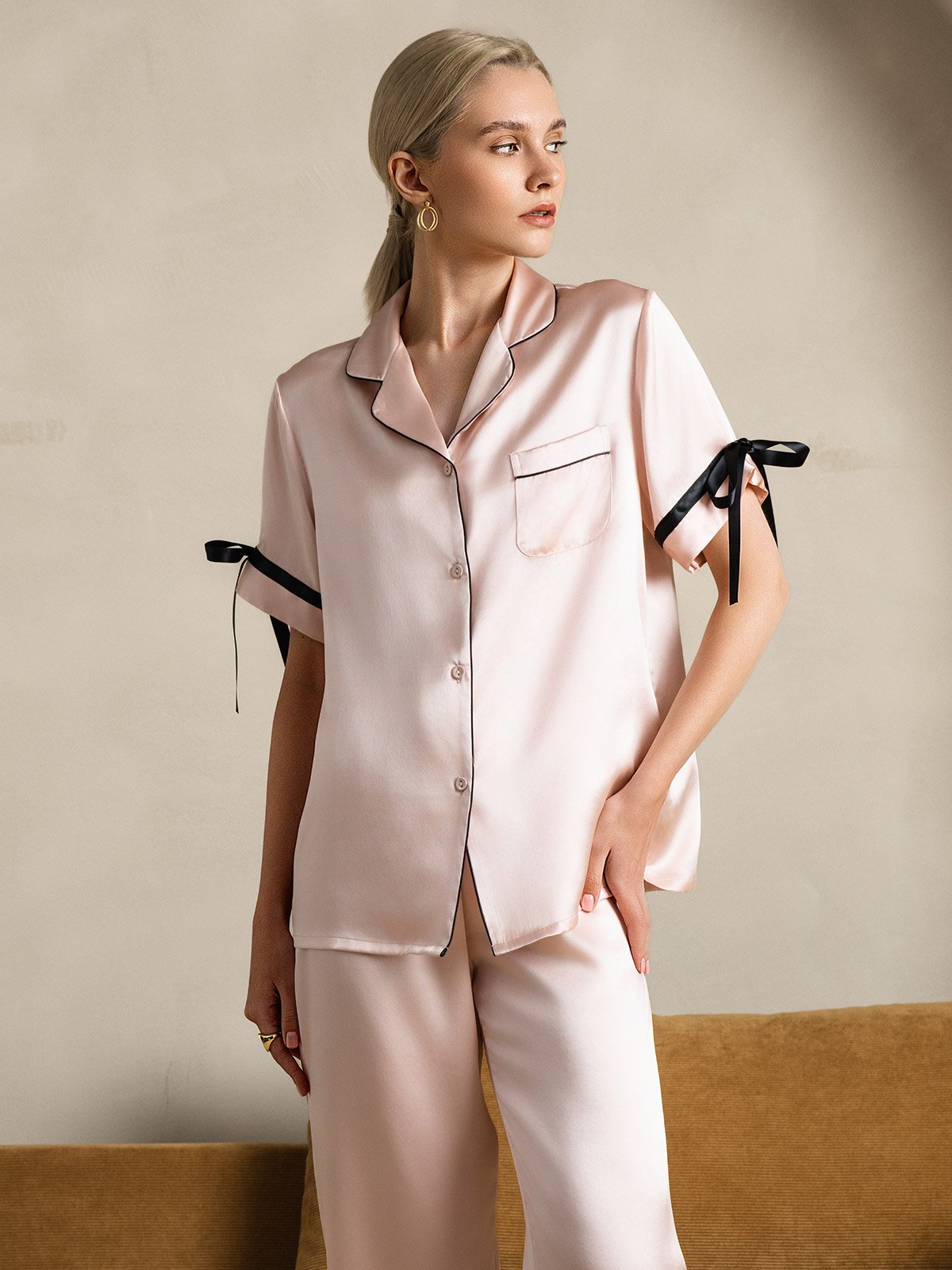 [Lyserød] SilkSilky-DK Silke Short Sleeve Revers Dame Pyjamas 005