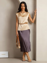 [Champagne] SilkSilky-DK Cap Sleeve Round Neck T-shirt til kvinder 004
