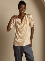 [Champagne] SilkSilky-DK Short Sleeve Cowl Neck Damebluser 003