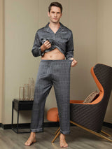 [Marine Ginkgo] SilkSilky-DK Long Sleeve Lapel Collar Pyjamas til Mænd 009