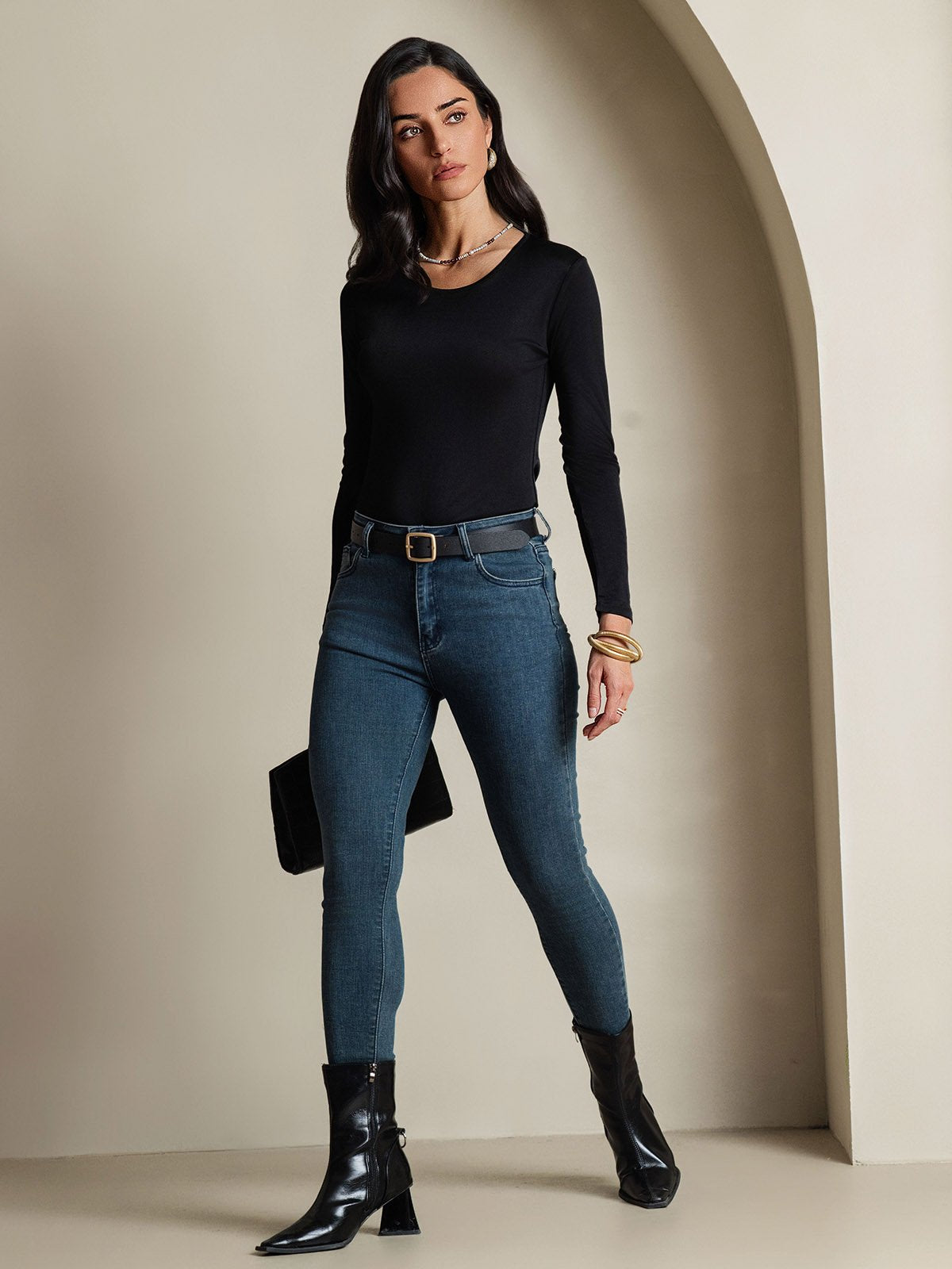[Sort] SilkSilky-DK Silke Long Sleeve Round Neck T-shirt til kvinder 007