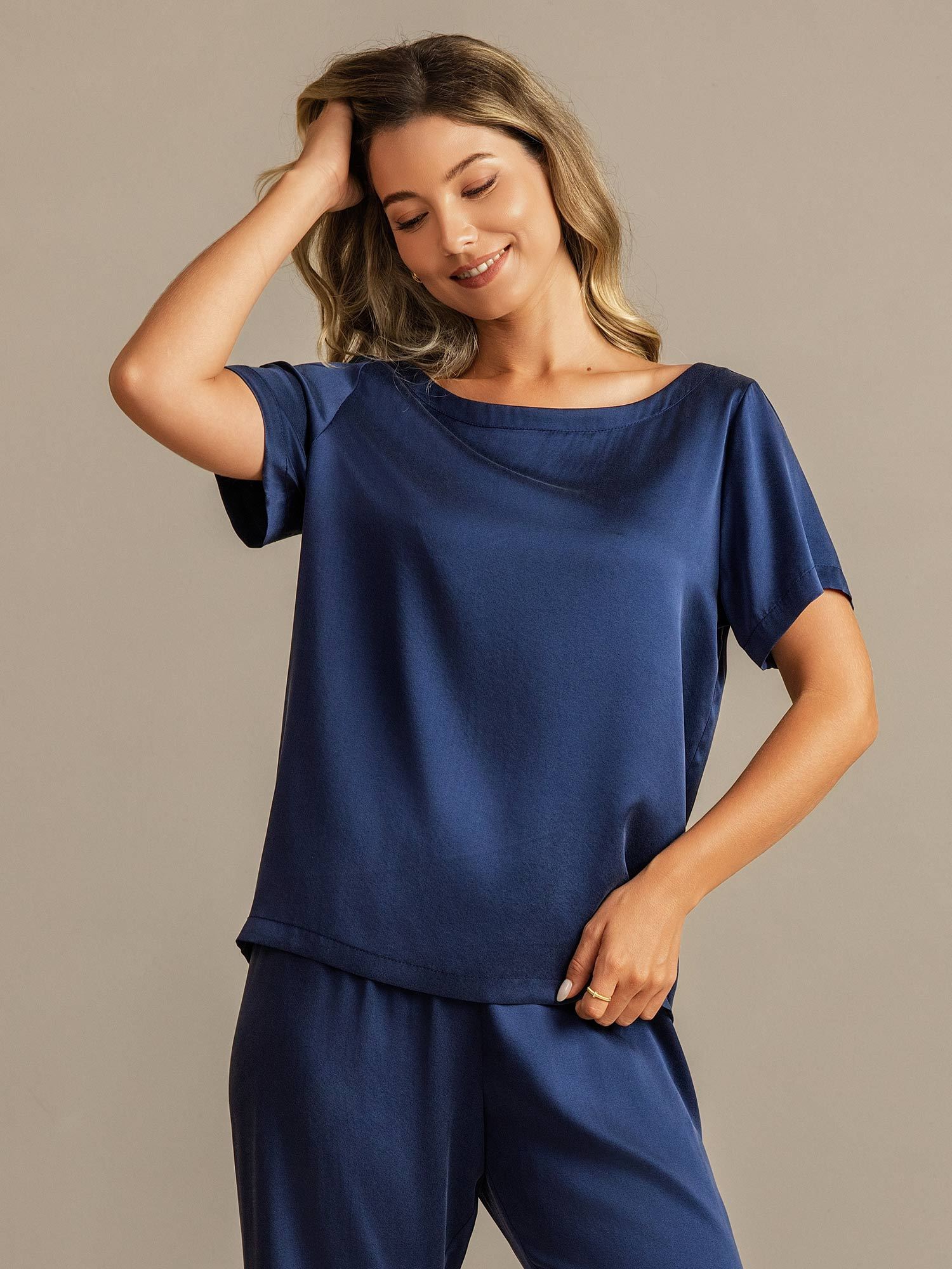 [Mørkeblå] SilkSilky-DK 19Momme Silke Womens Pajamas 003