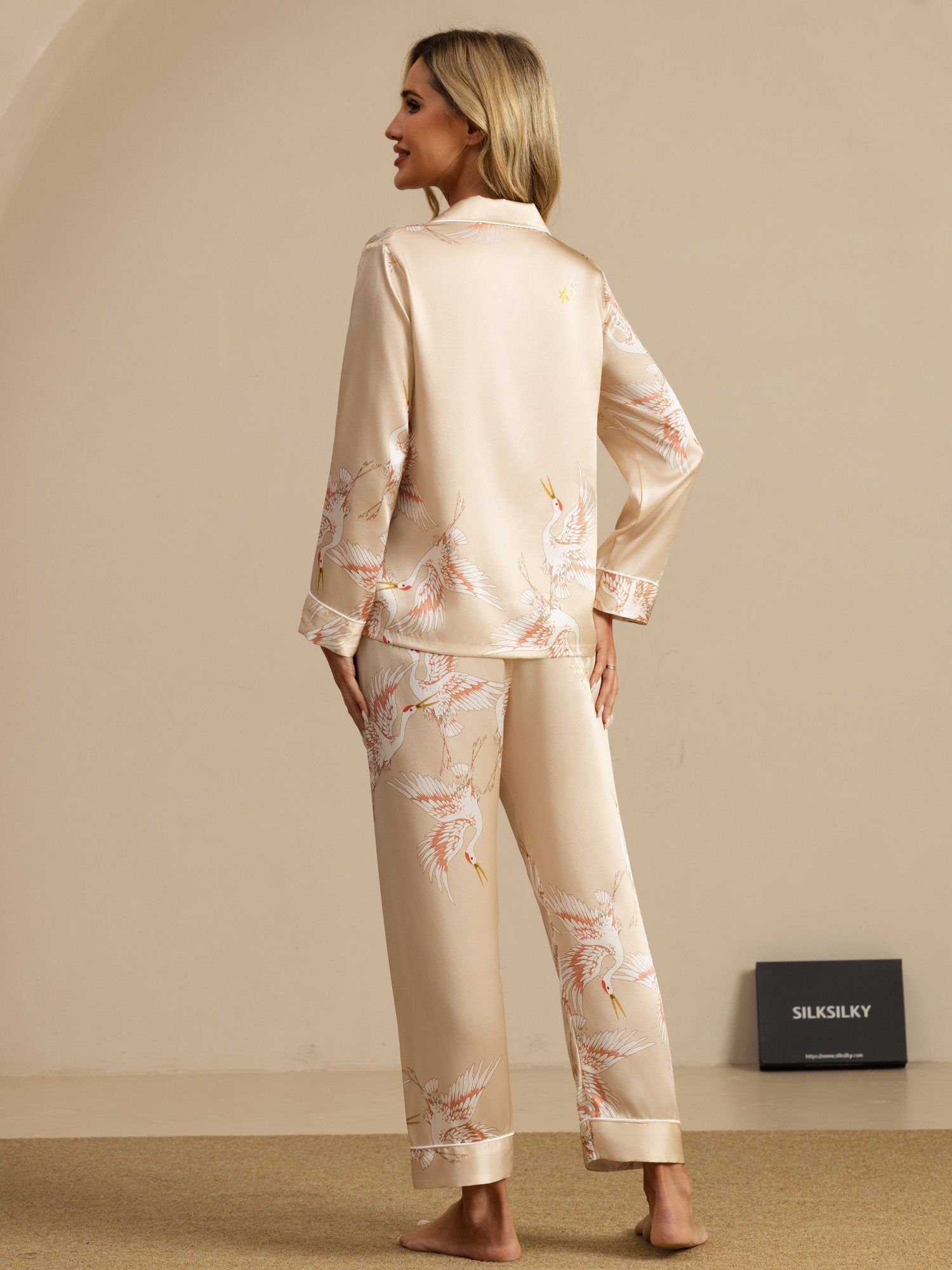 [Champagne] SilkSilky-DK 19Momme Langærmet Notchkrage Dame Pyjamas 002