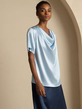 [Gråblå] SilkSilky-DK Short Sleeve Cowl Neck Damebluser 006