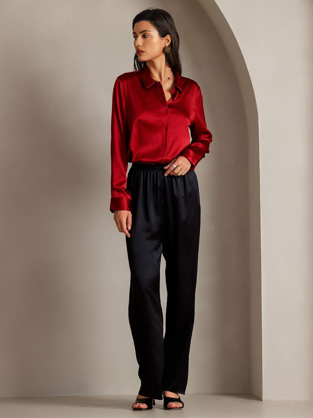 [Rød] SilkSilky-DK Silke Lapel Collar Dameskjorte 006