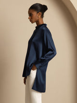 [Mørkeblå] SilkSilky-DK 19Momme Langærmet Ståkrave Bluse 003