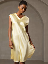 [Gul] SilkSilky-DK Cap Sleeve V Neck Natkjole 003