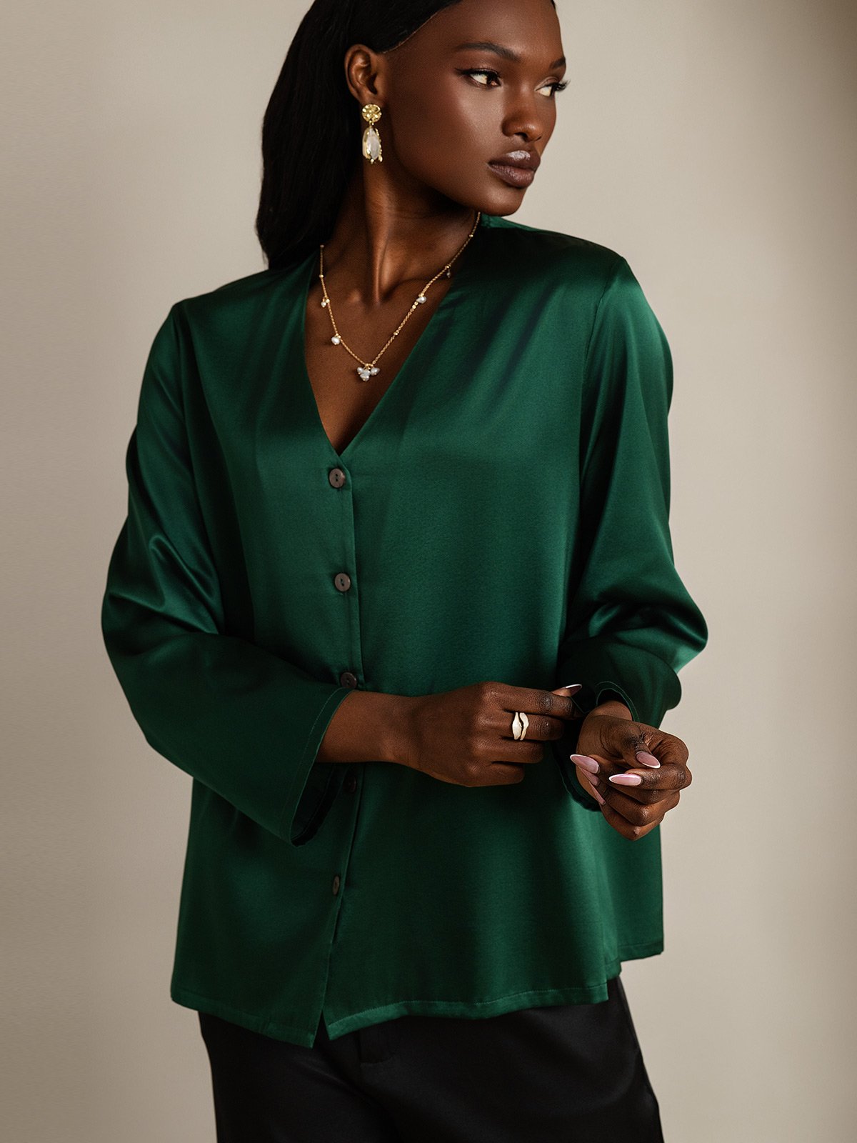 [Mørkegrøn] SilkSilky-DK 19Momme Silke Womens Shirt 004