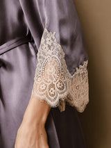 [Lilla Grå] SilkSilky-DK 3/4 Sleeve V Neck Natkjole & Morgenkåbe Sæt 007