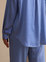 [Blå Nålestribet] SilkSilky-DK Long Sleeve Lapel Collar Women's Outfit Sets 006