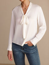 [Hvid] SilkSilky-DK Long Sleeve Tie Neck Damebluser 006