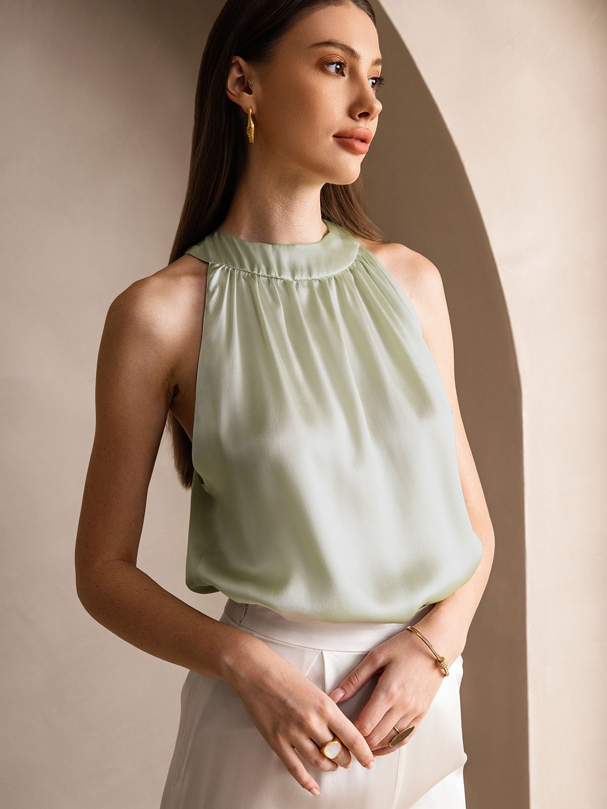 [Lysegrøn] SilkSilky-DK 19Momme Silke Womens T-Shirt 003